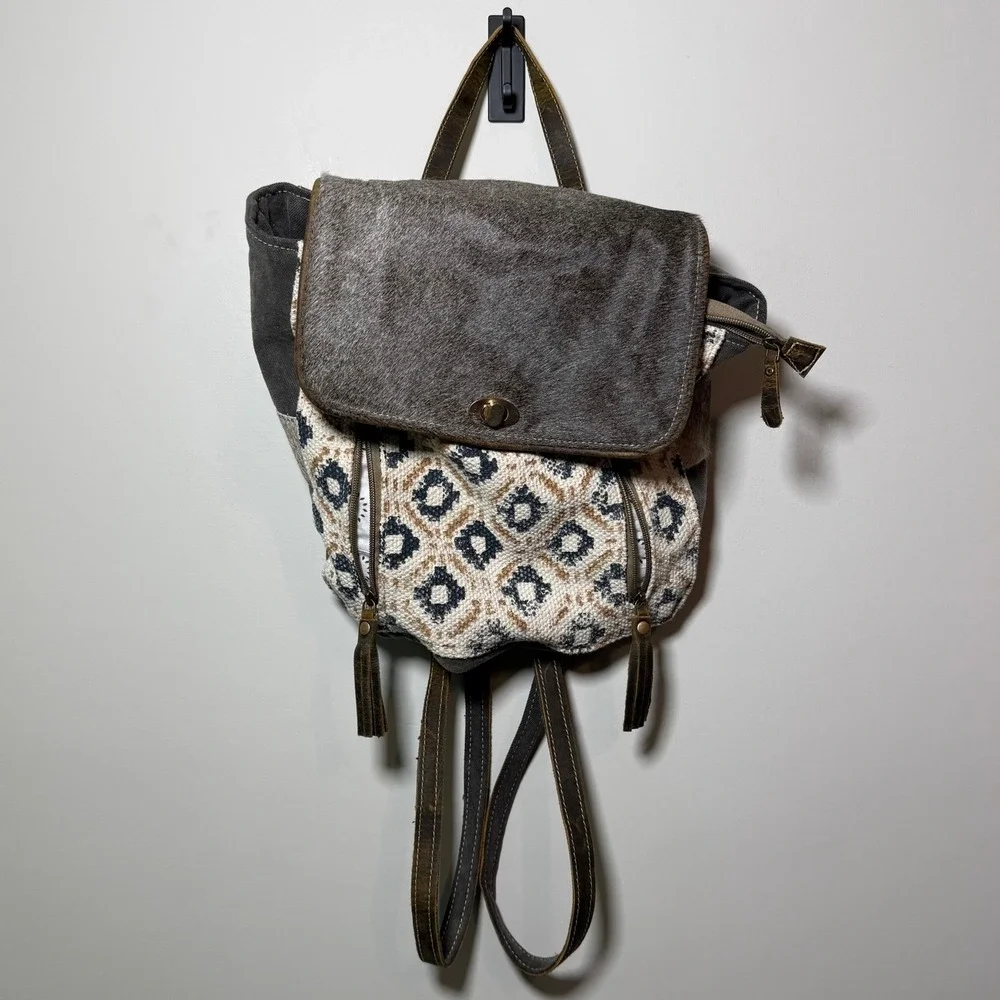 Myra Bag Backpack Med Gray Brown Boho Canvas Leather Hair-On Southwestern Boho